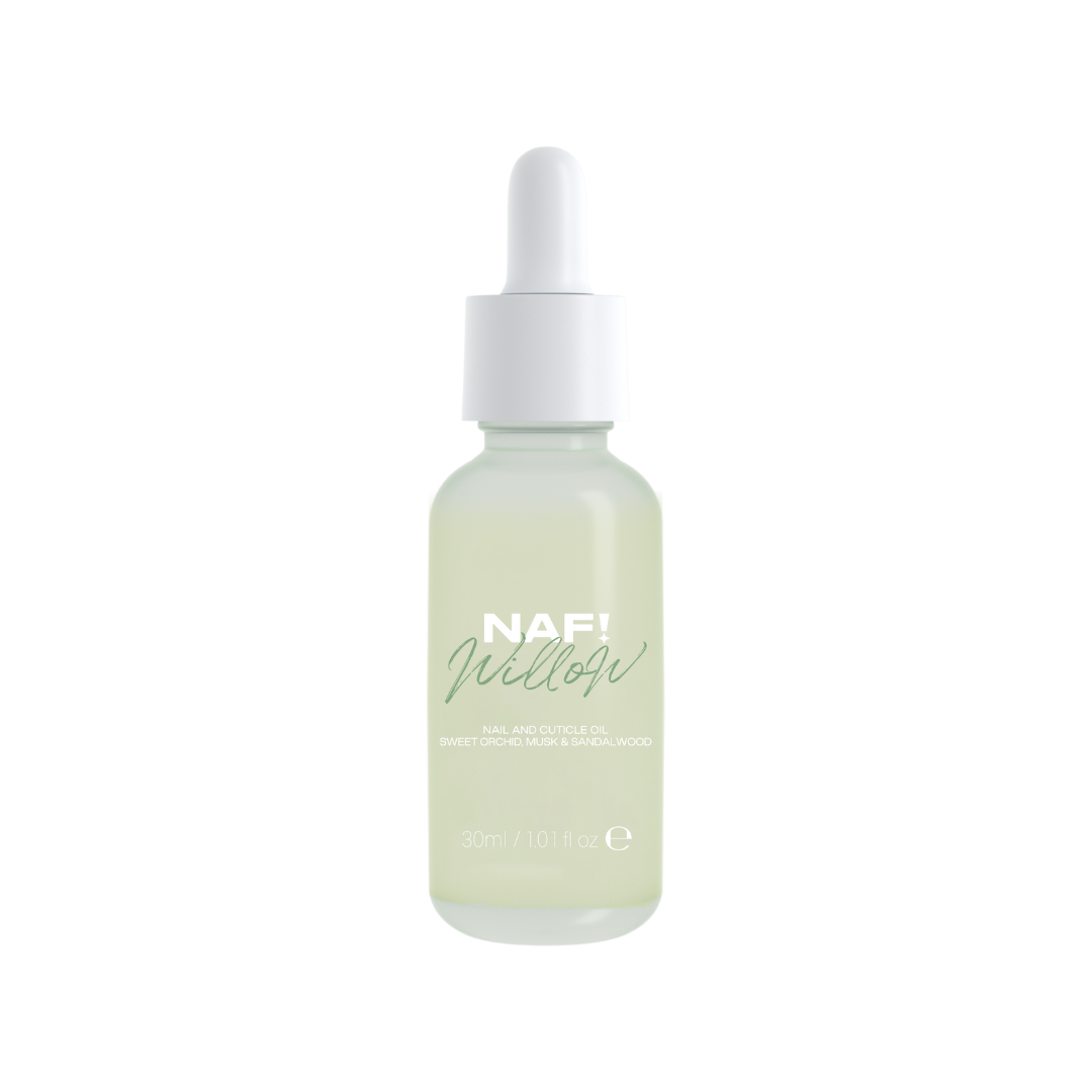 a frosted glass dropper bottle with cuticle oil and Willow X NAF! branding