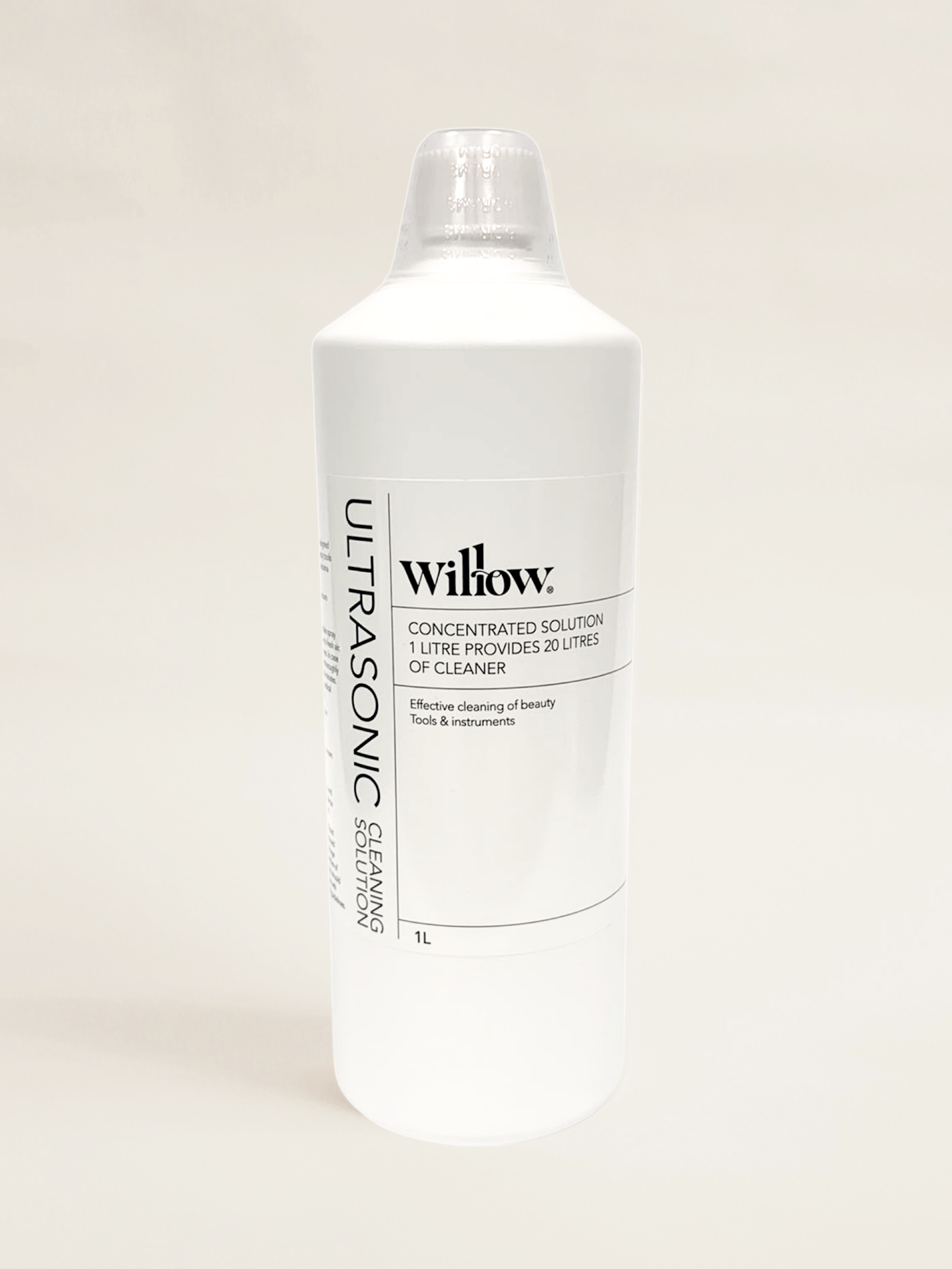 A 1-liter white plastic bottle of Willow Ultrasonic Sewing Cleaner with a clear cap, shown against a plain light beige background.