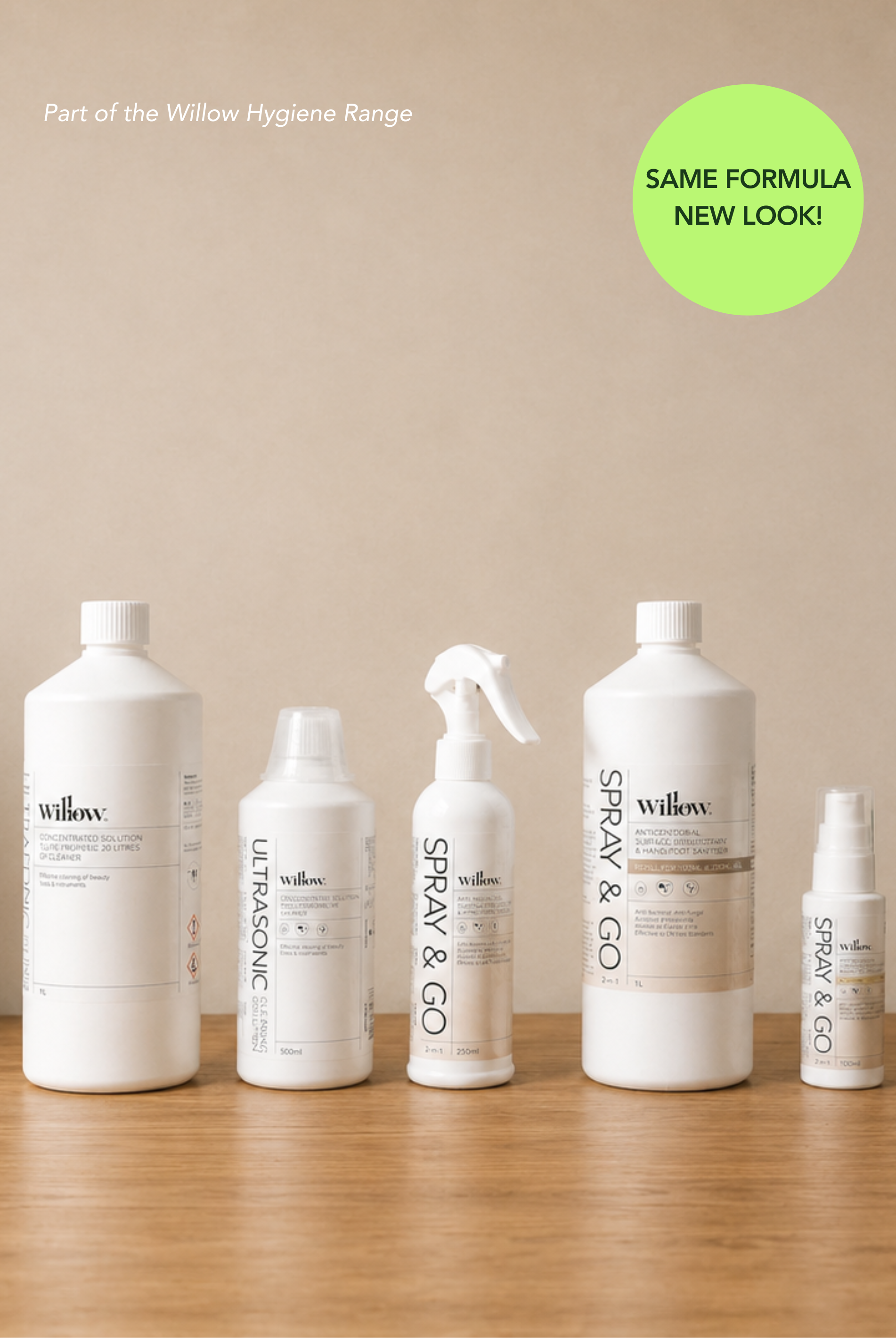 Five white Willow brand toiletry bottles and sprayers arranged on a wooden surface against a beige wall, with a green circular badge reading 'SAME FORMULA NEW LOOK!' in the top right.