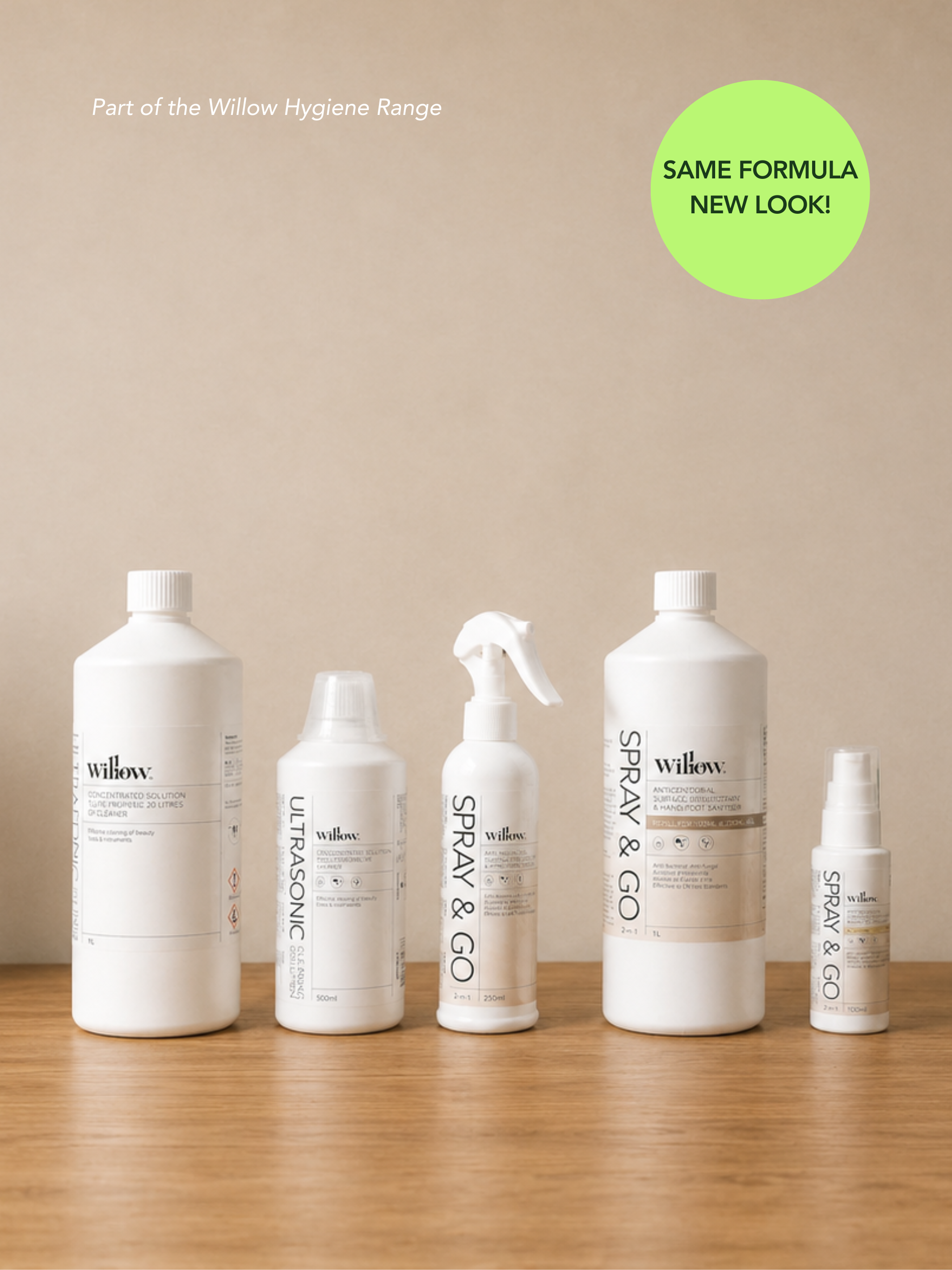 Five white Willow brand toiletry bottles and sprayers arranged on a wooden surface against a beige wall, with a green circular badge reading 'SAME FORMULA NEW LOOK!' in the top right.