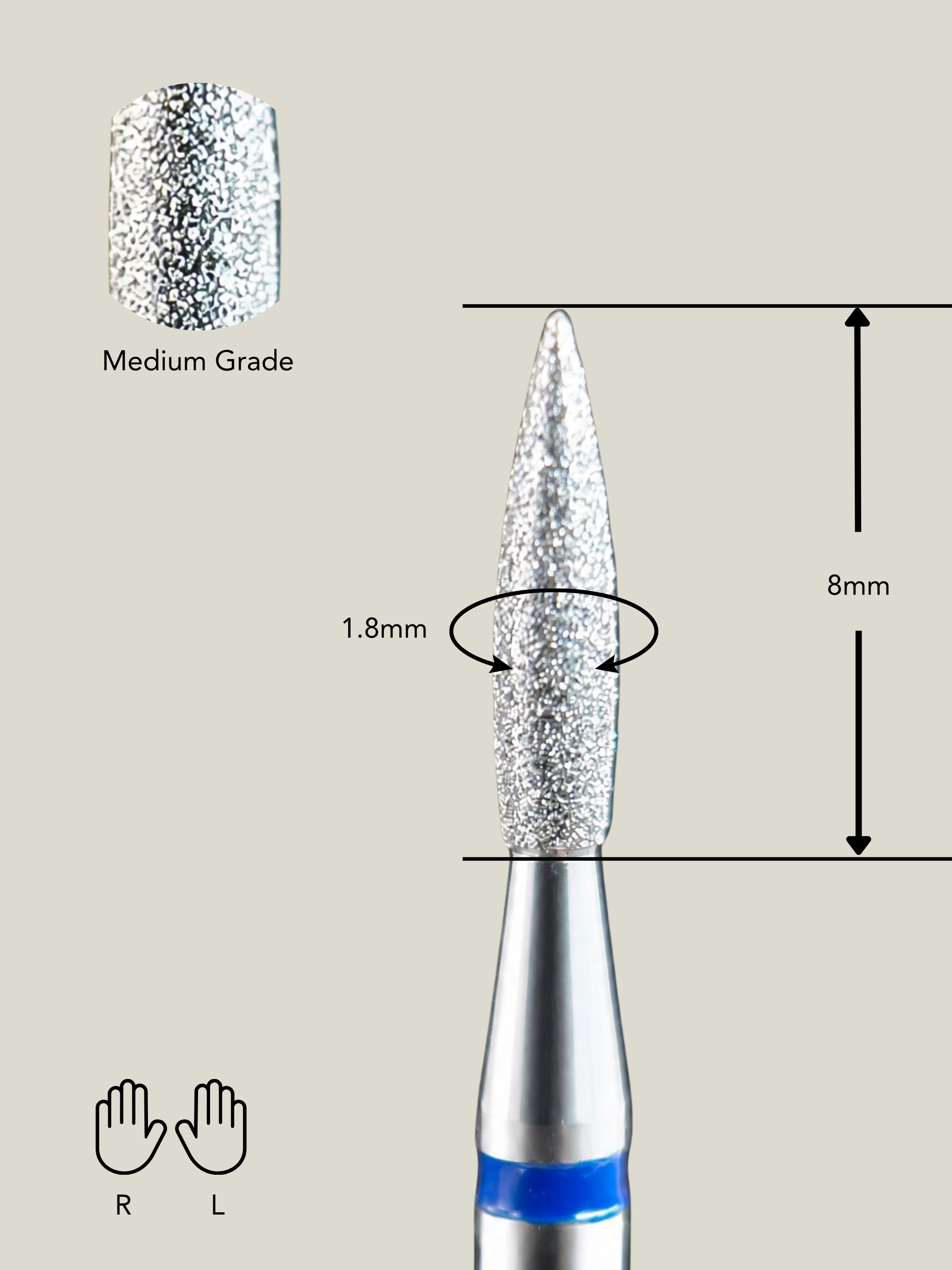 a platinum e-file bit on a plain background showing specs including grade size and orientation