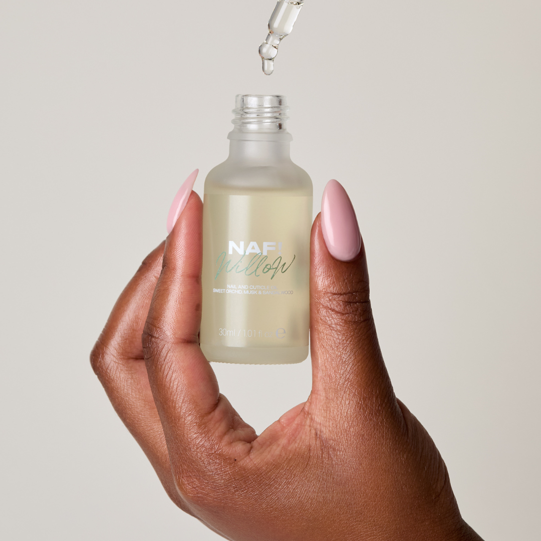 Willow x NAF! cuticle oil dropper bottle open
