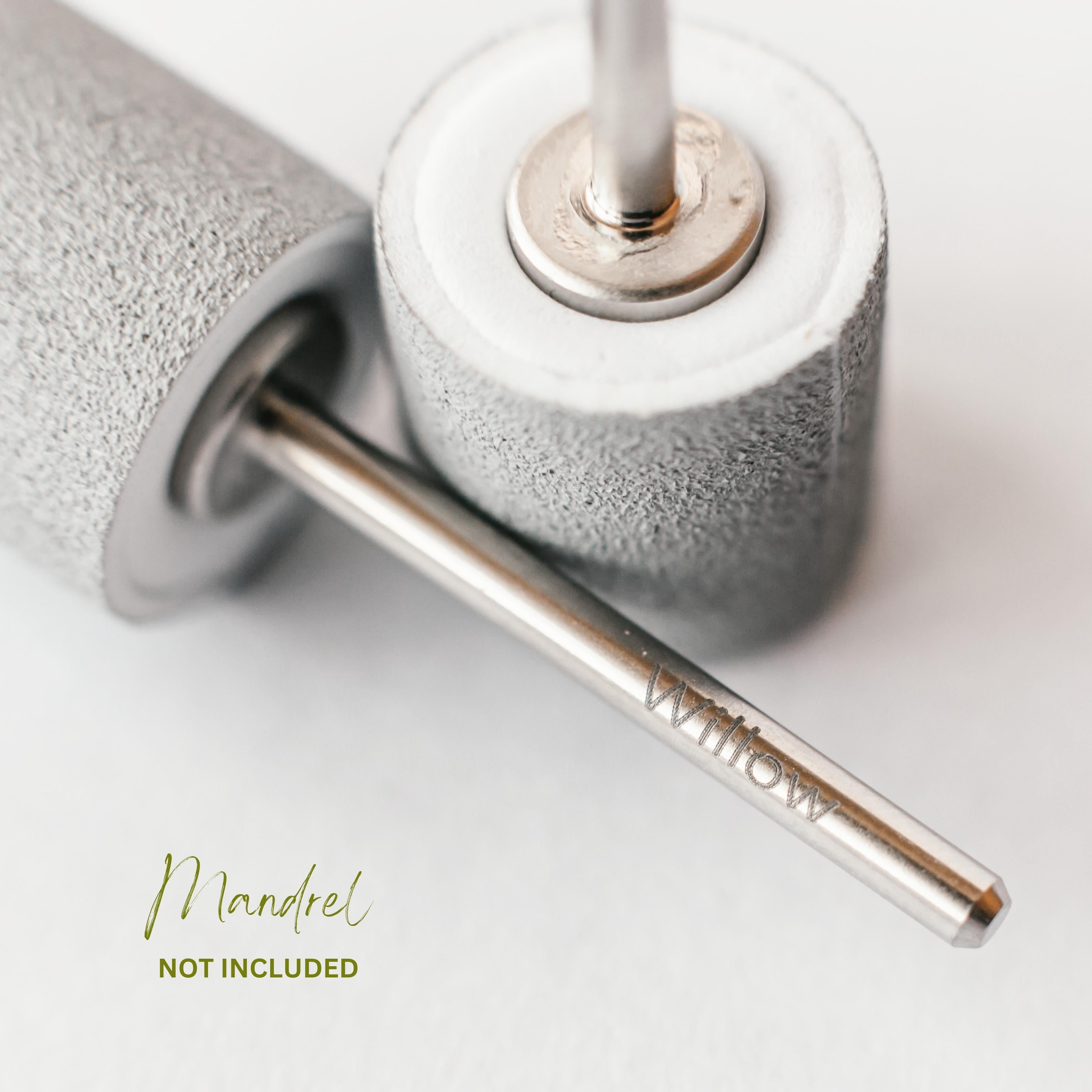 Willow buffer band shown on mandrel with text (mandrel not included)