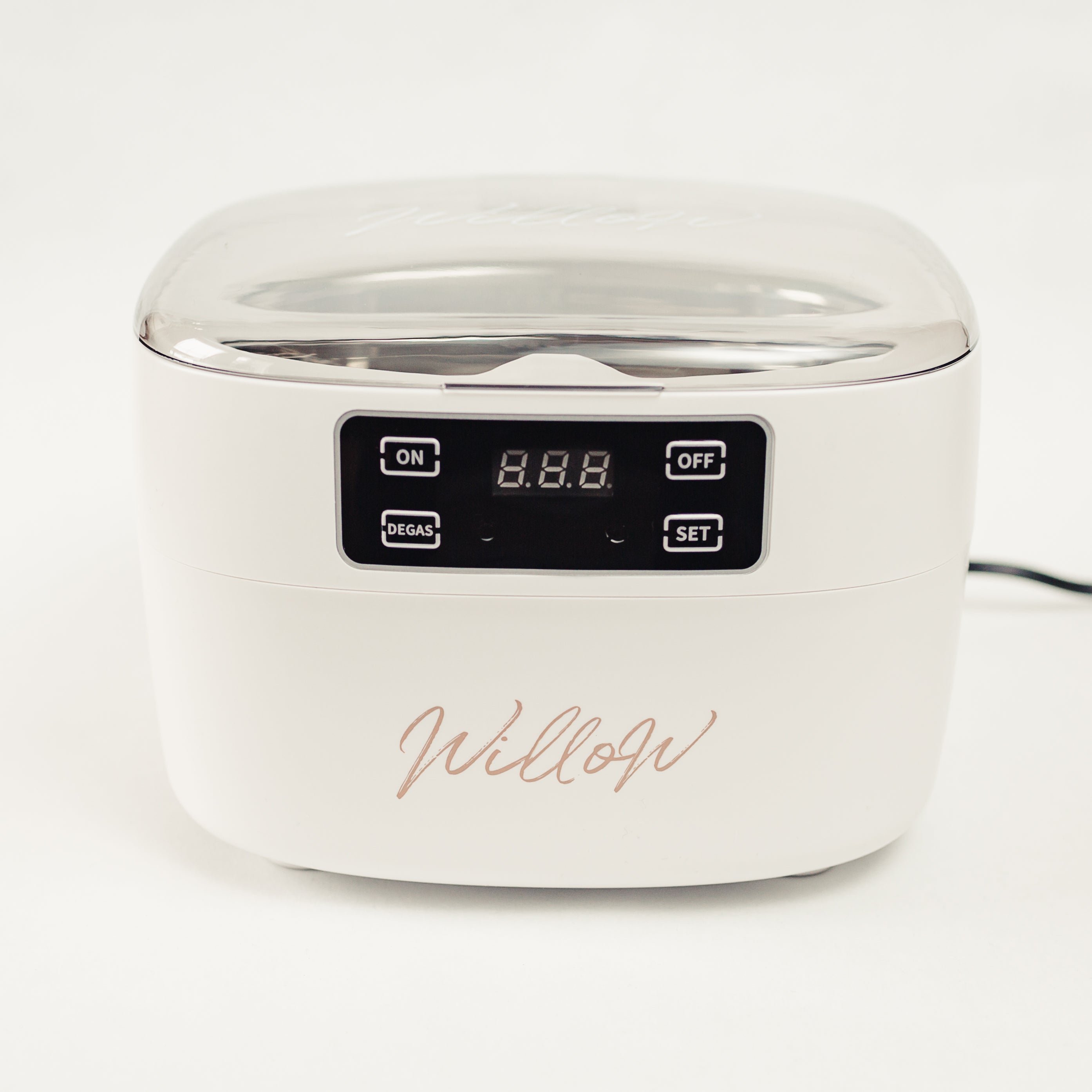 white ultrasonic cleaning machine with digital display and nude Willow branding 