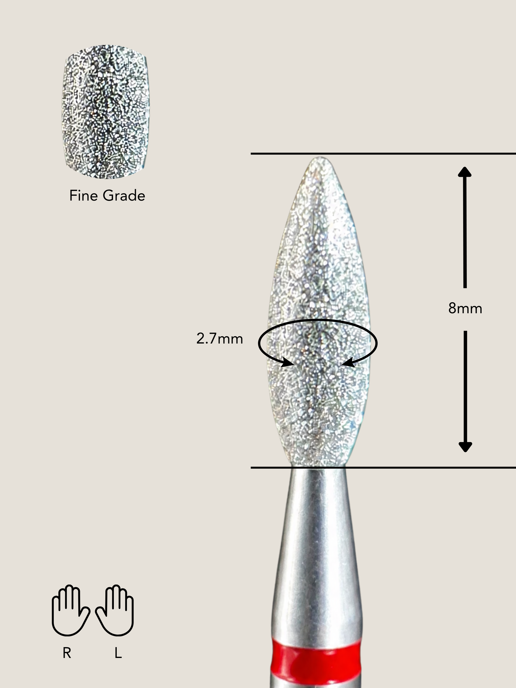 a platinum e-file bit shown on a plain background. The image gives product specifications such as size, grit and orientation 