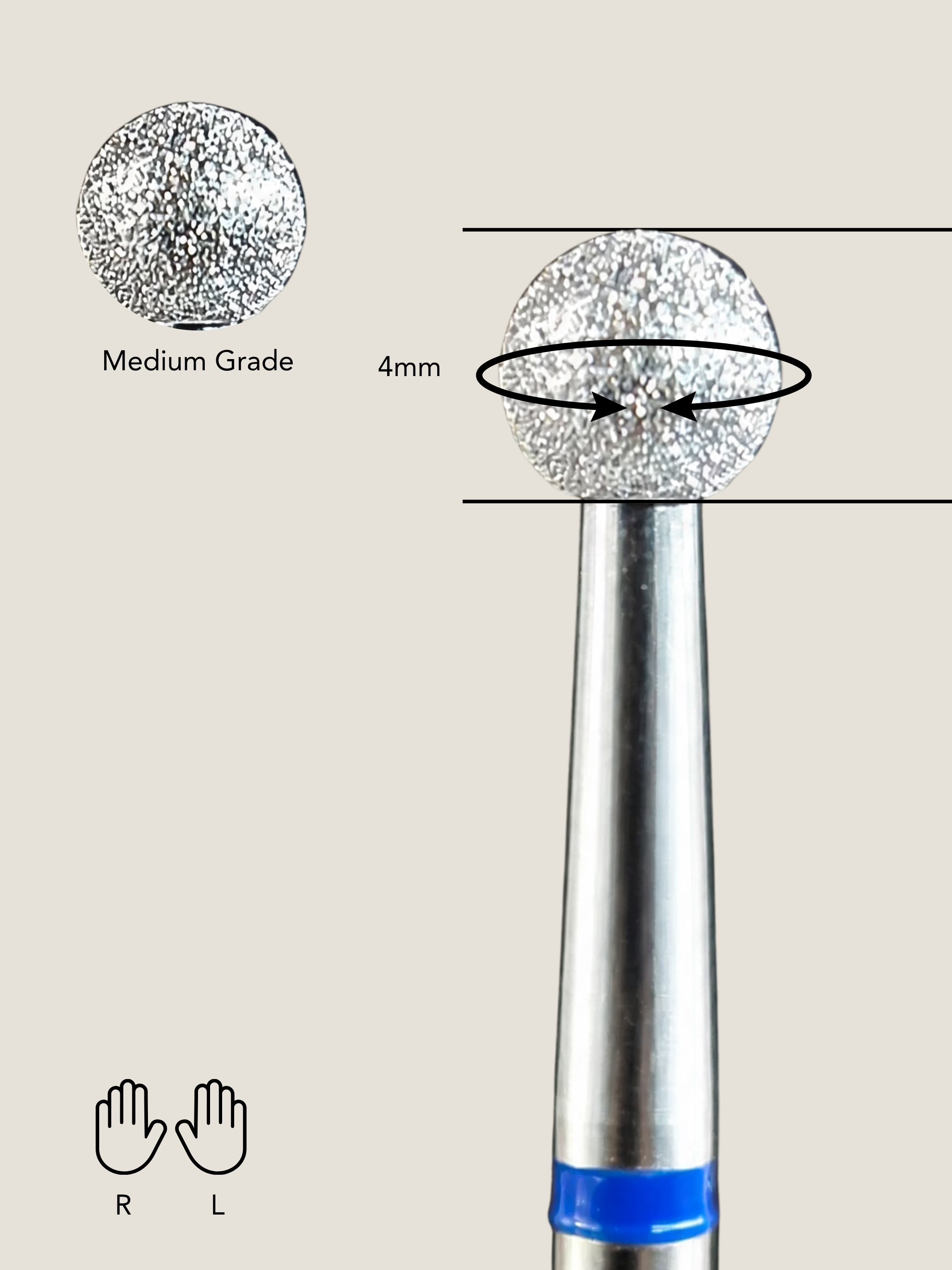 a close up of a ball e-file bit on a plain background showing specifications such as grade, size and orientation 