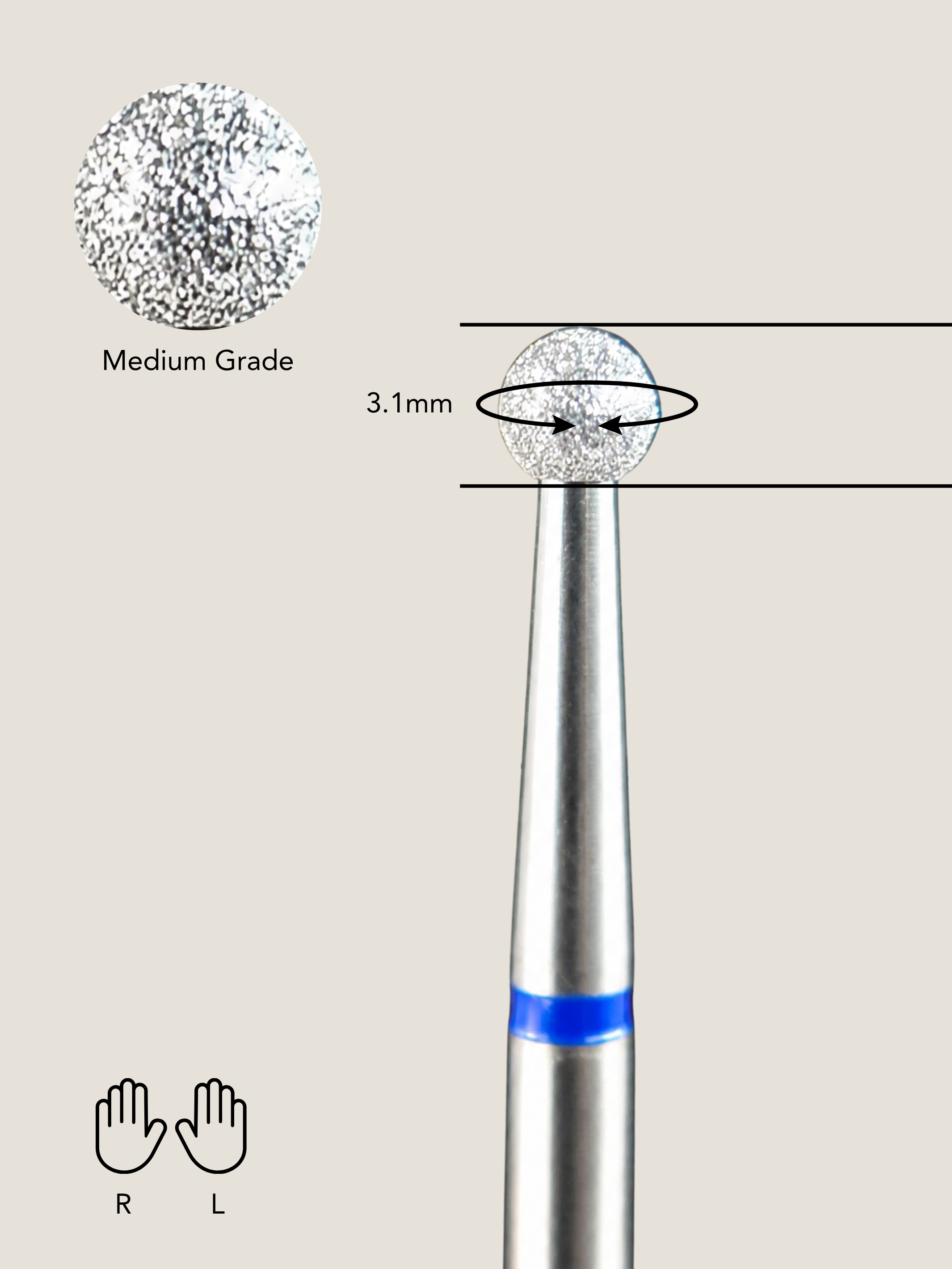 Close up of a platinum e-file bit with specifications including grade, size and orientation 